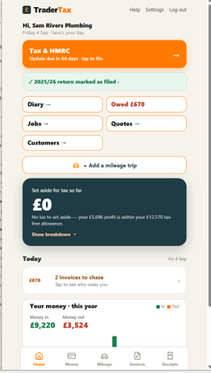 TraderTax dashboard — your day at a glance