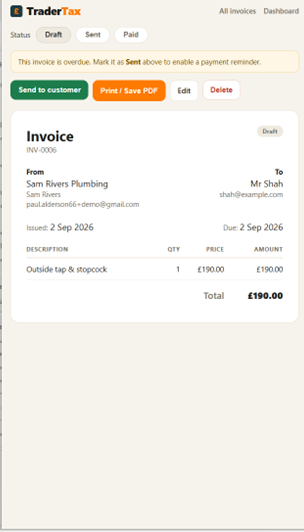 A TraderTax invoice ready to send