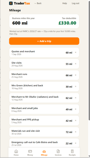 Mileage log with tax-deductible total